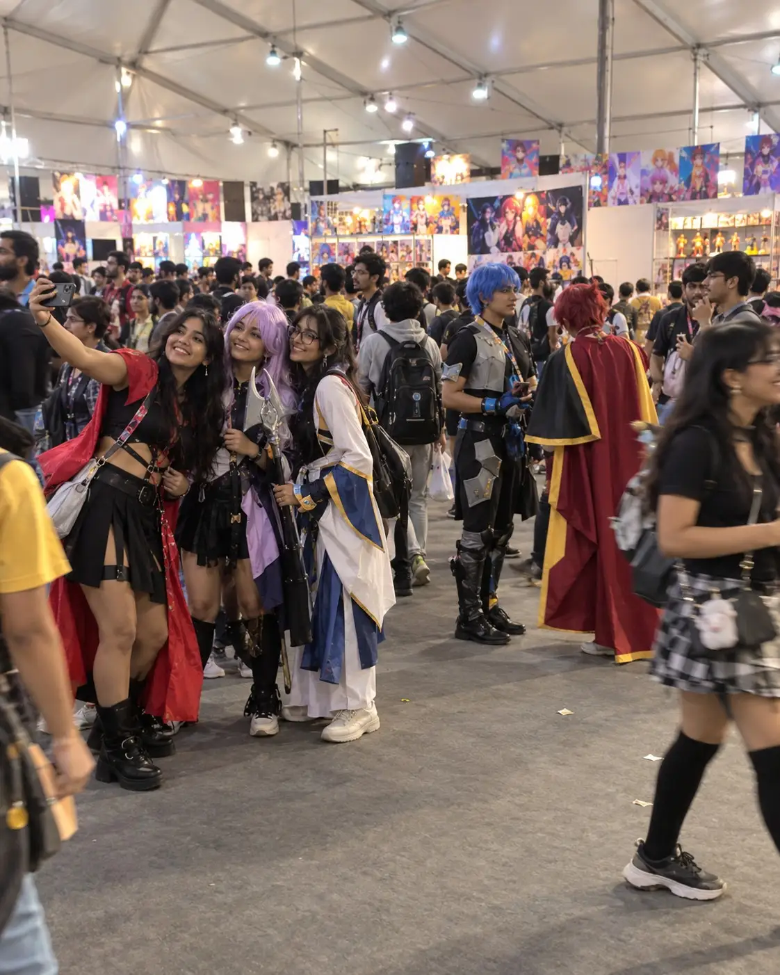 Illustration: friends in homemade cosplay taking a selfie in a busy convention tent, fans and stalls behind