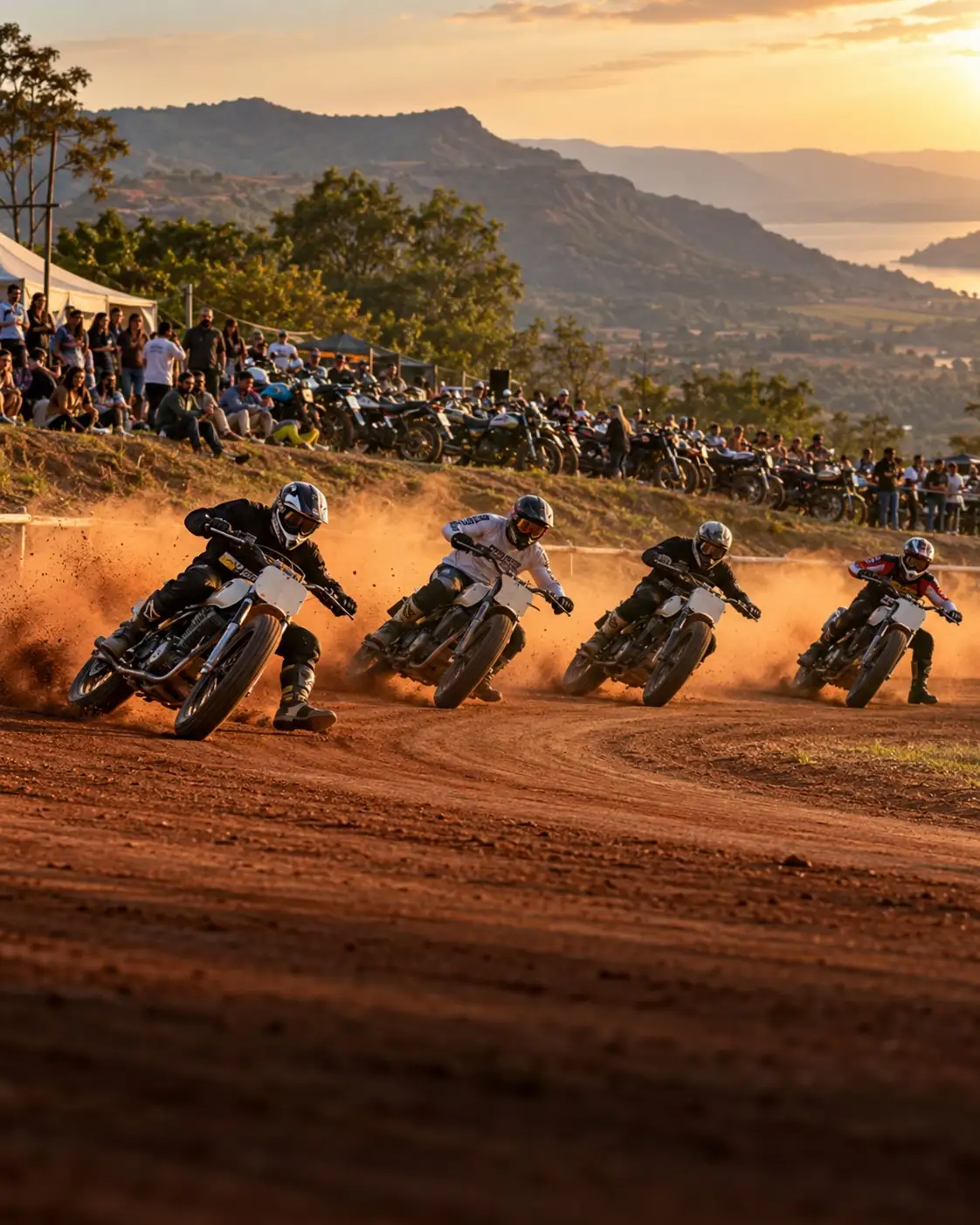 Illustration: four riders sliding through a dusty dirt-track turn at golden hour, a crowd and hills behind