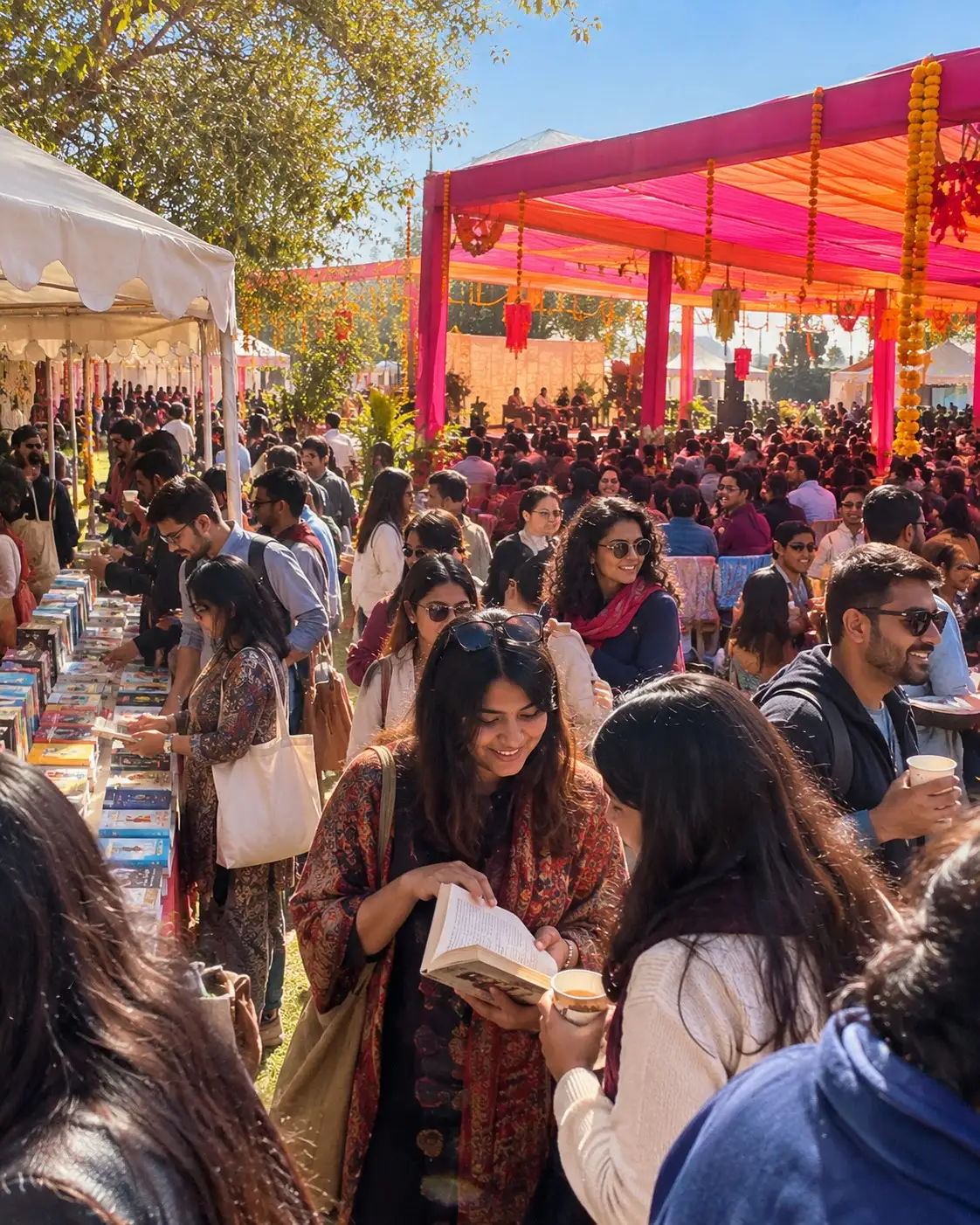 Illustration: readers browsing a bookstall in the sun, a woman laughing over an open book, pink canopies with marigolds behind