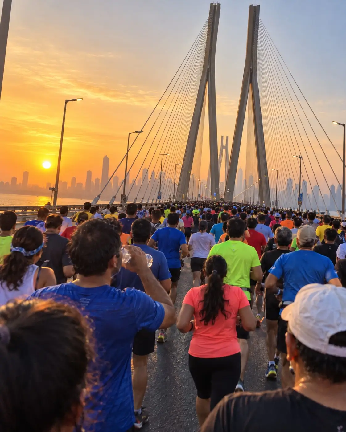 Illustration: a phone photo from inside the race, runners on the Bandra-Worli Sea Link at sunrise
