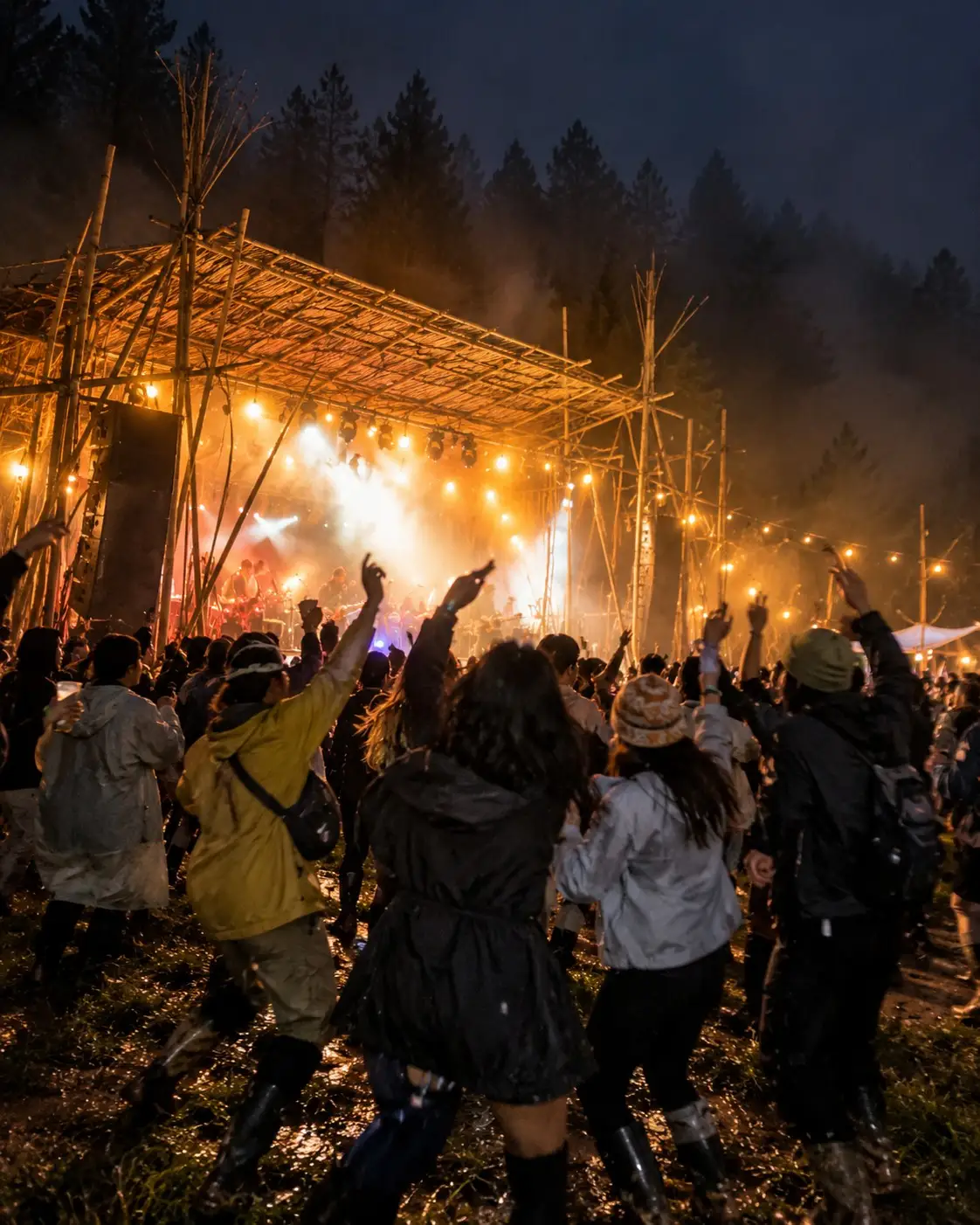 Illustration: friends in rain jackets dancing in the mud in front of a glowing bamboo stage, misty pines behind