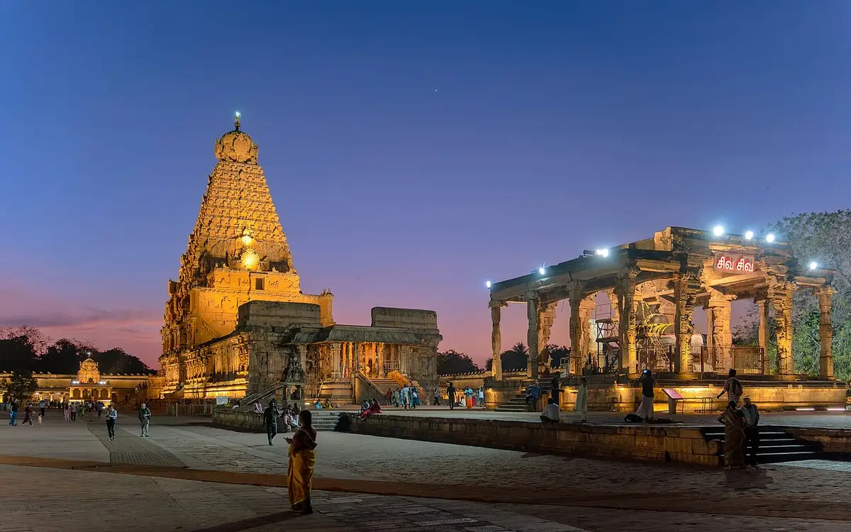 The Brihadisvara Temple in Thanjavur at dusk on Maha Shivratri