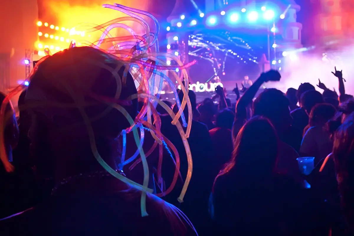 A crowd facing the lit stage at an earlier Sunburn Festival in Goa