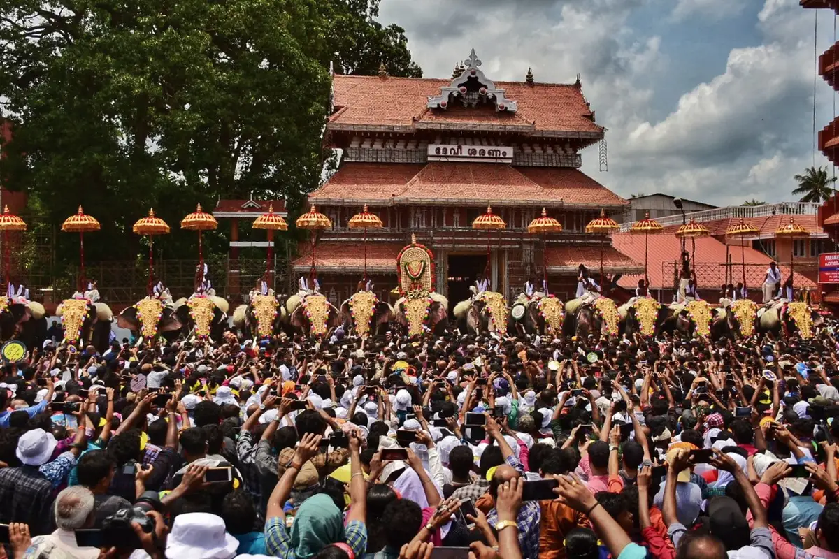 Caparisoned elephants under ornamental umbrellas before a huge crowd at Thrissur Pooram